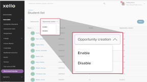 In Work-based learning, in Settings, in the Student-created opportunities section. 11 students have been selected. The Opportunity creation dropdown is open with the option to Enable or Disable opportunity creation for the selected students.